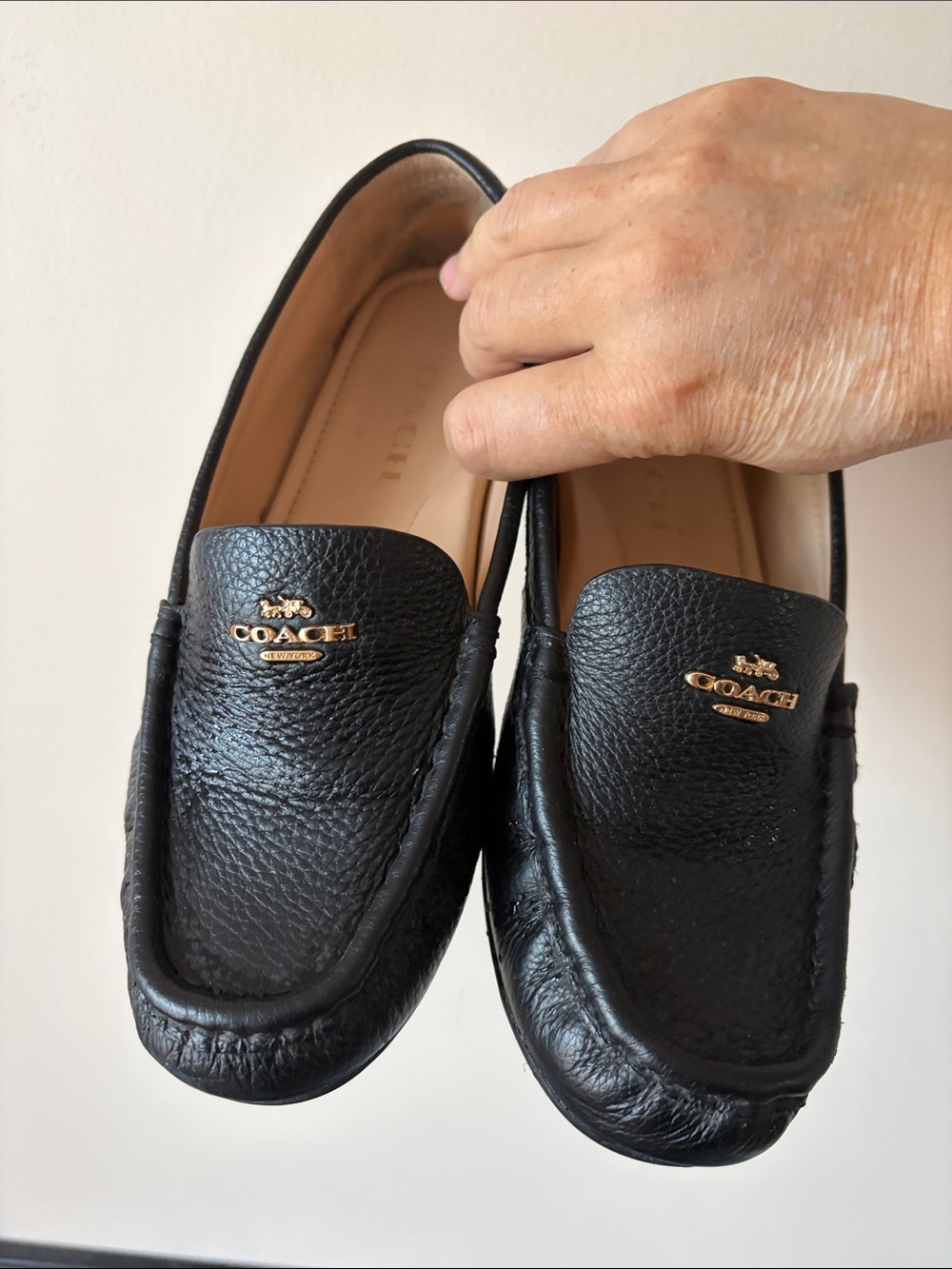 Coach Black Pebbled Leather Slip-On Loafers with Gold Logo